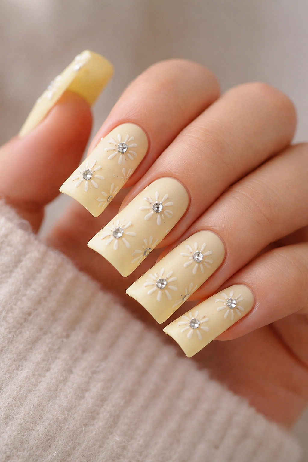 Pale yellow nails with tiny flowers and rhinestone centers