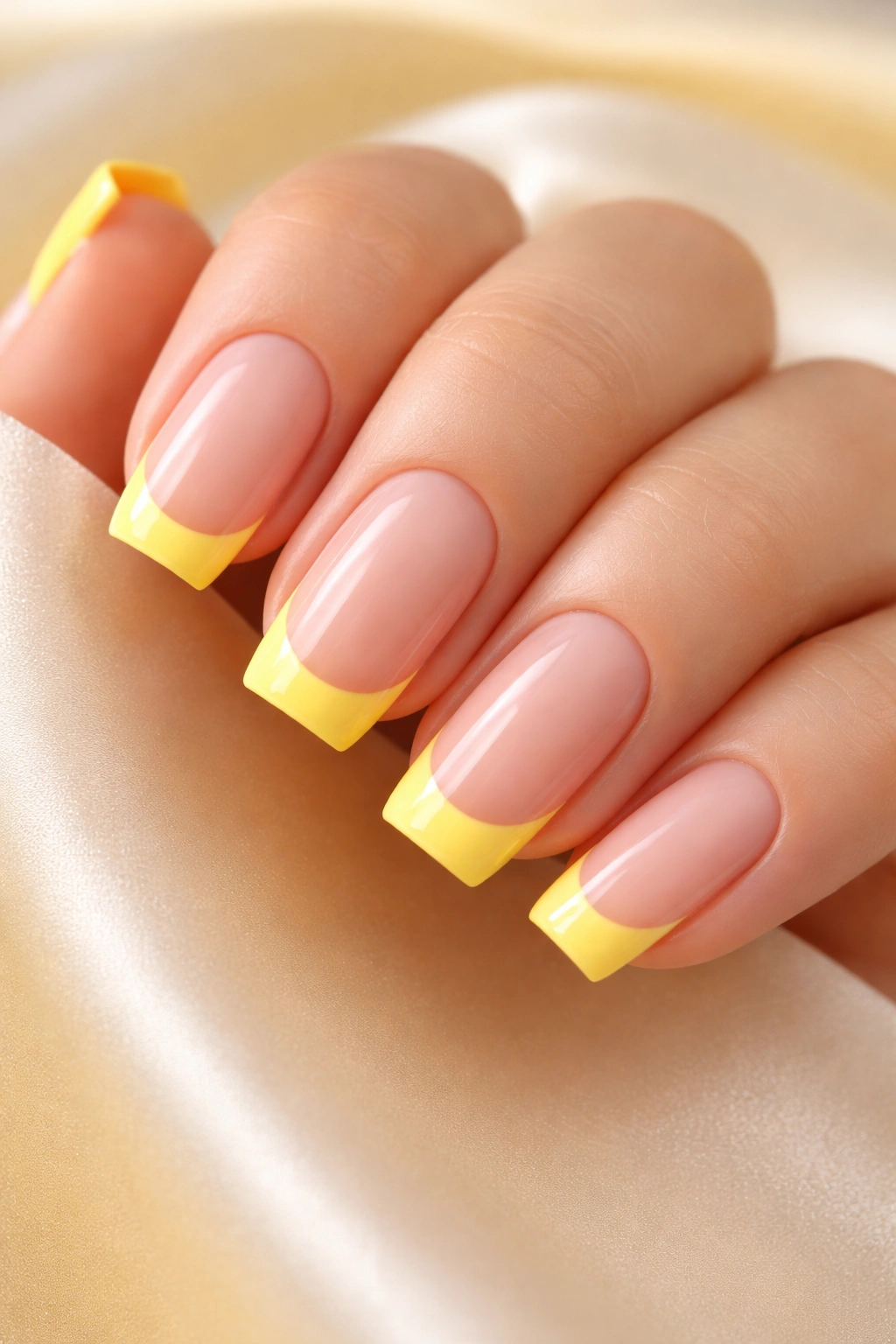 Nails with nude base and yellow tips in a classic French manicure
