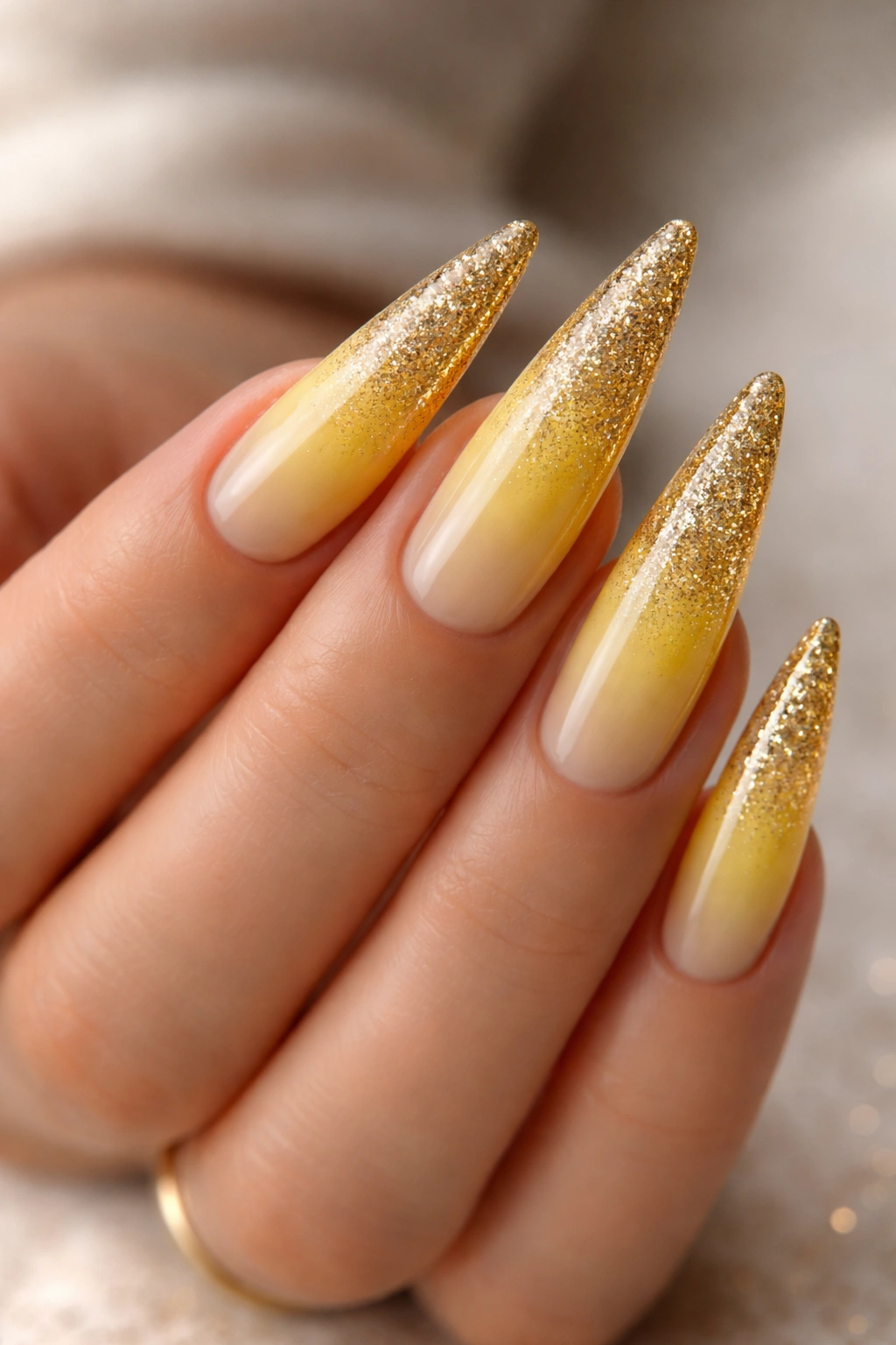 Yellow gradient ombre stiletto nails with glitter fade on hand