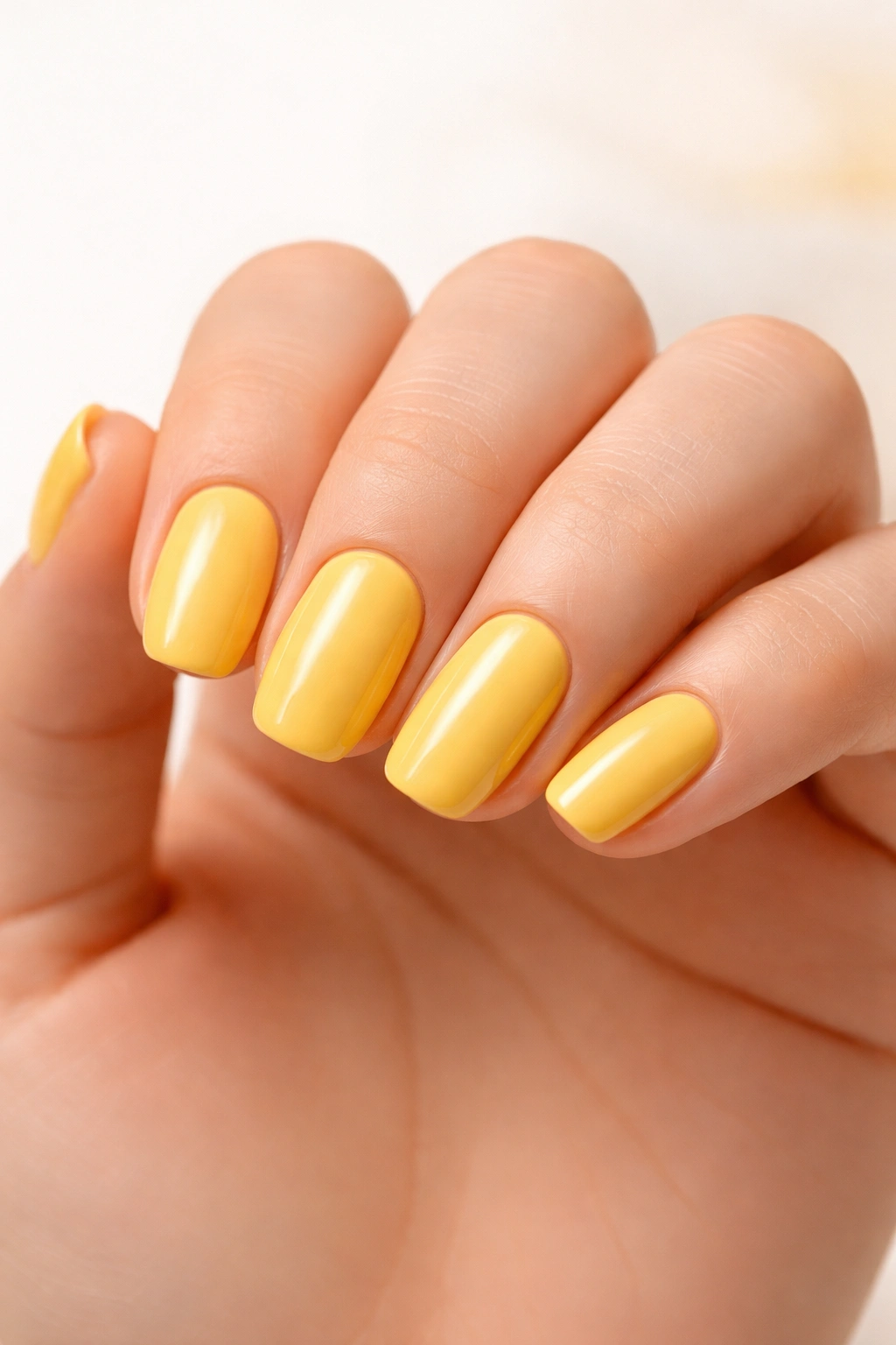 Close-up of solid yellow nails in minimal setting