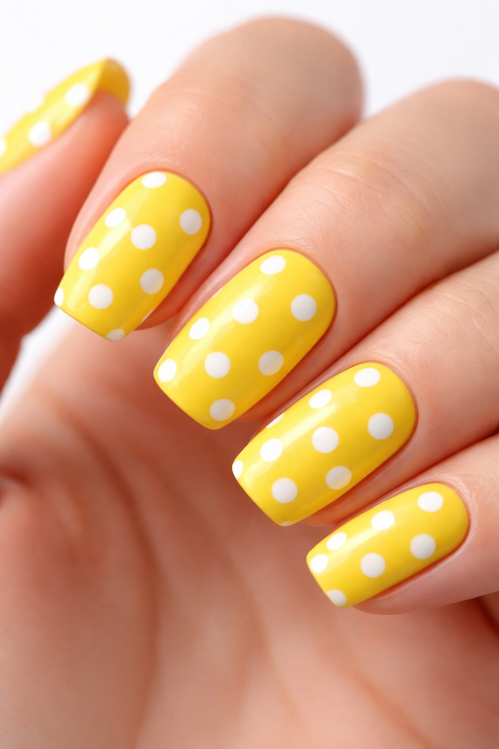 Yellow nails with white polka dots close-up
