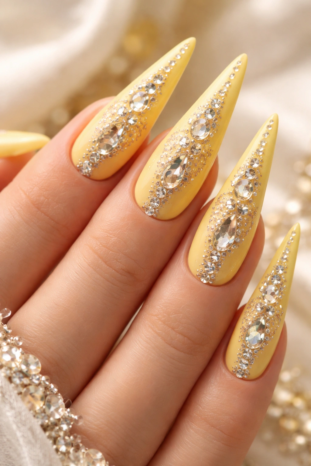 Yellow stiletto nails with rhinestones close-up