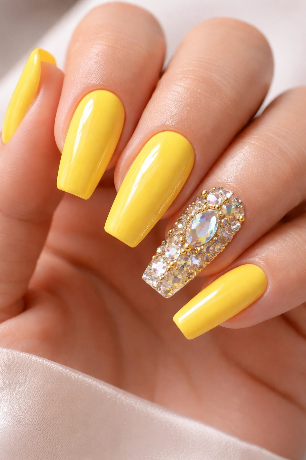 Yellow nails with rhinestones on accent nail