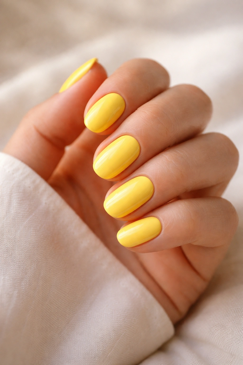 Close-up of short oval nails painted sunny yellow with a creamy opaque finish