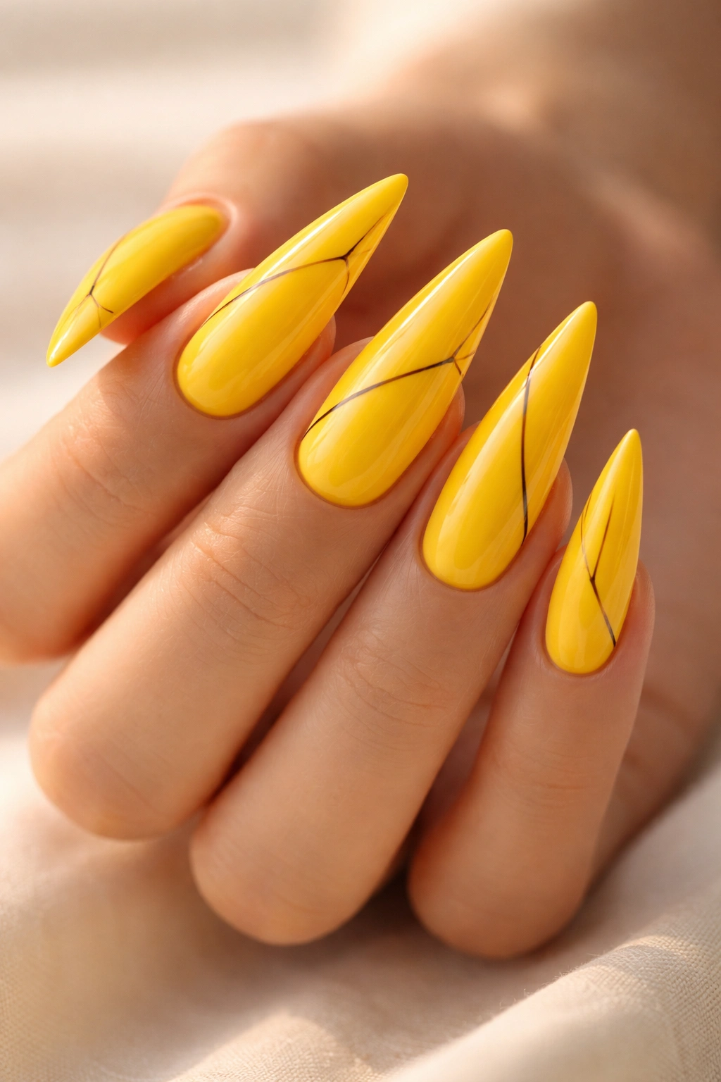 Bright yellow stiletto nails with black geometric accents on a hand