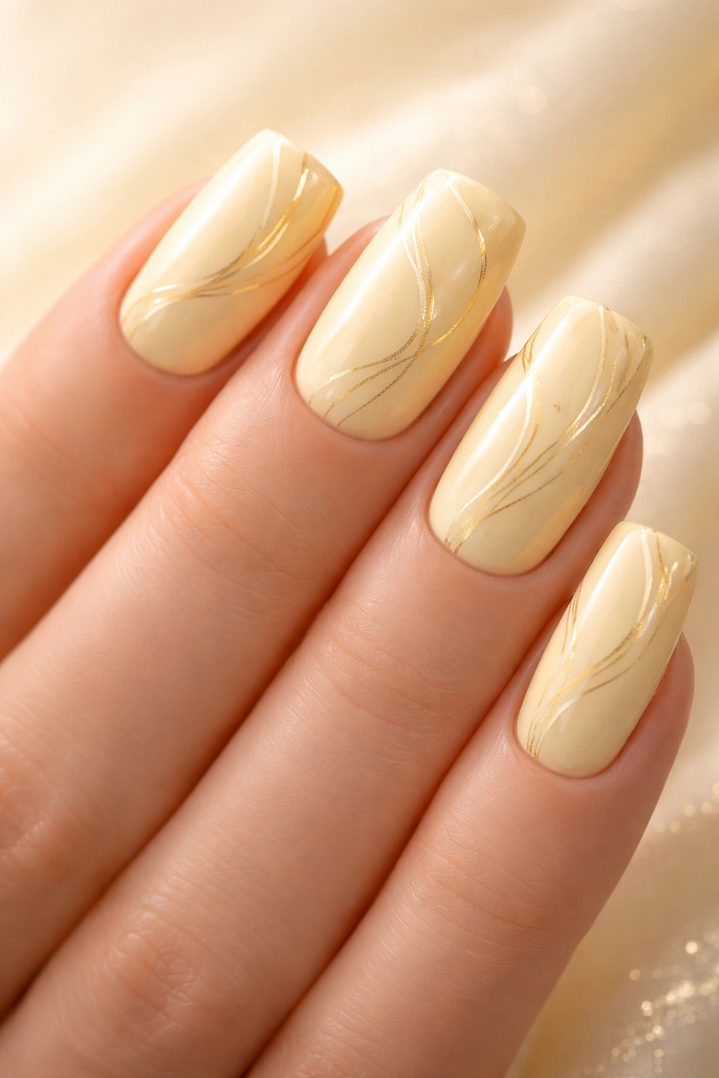 Yellow nails with gold swirls