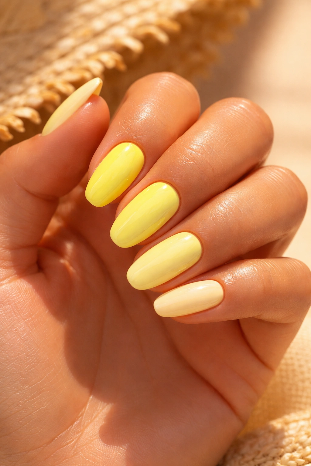 Close-up of sunny yellow nails on sun-kissed skin
