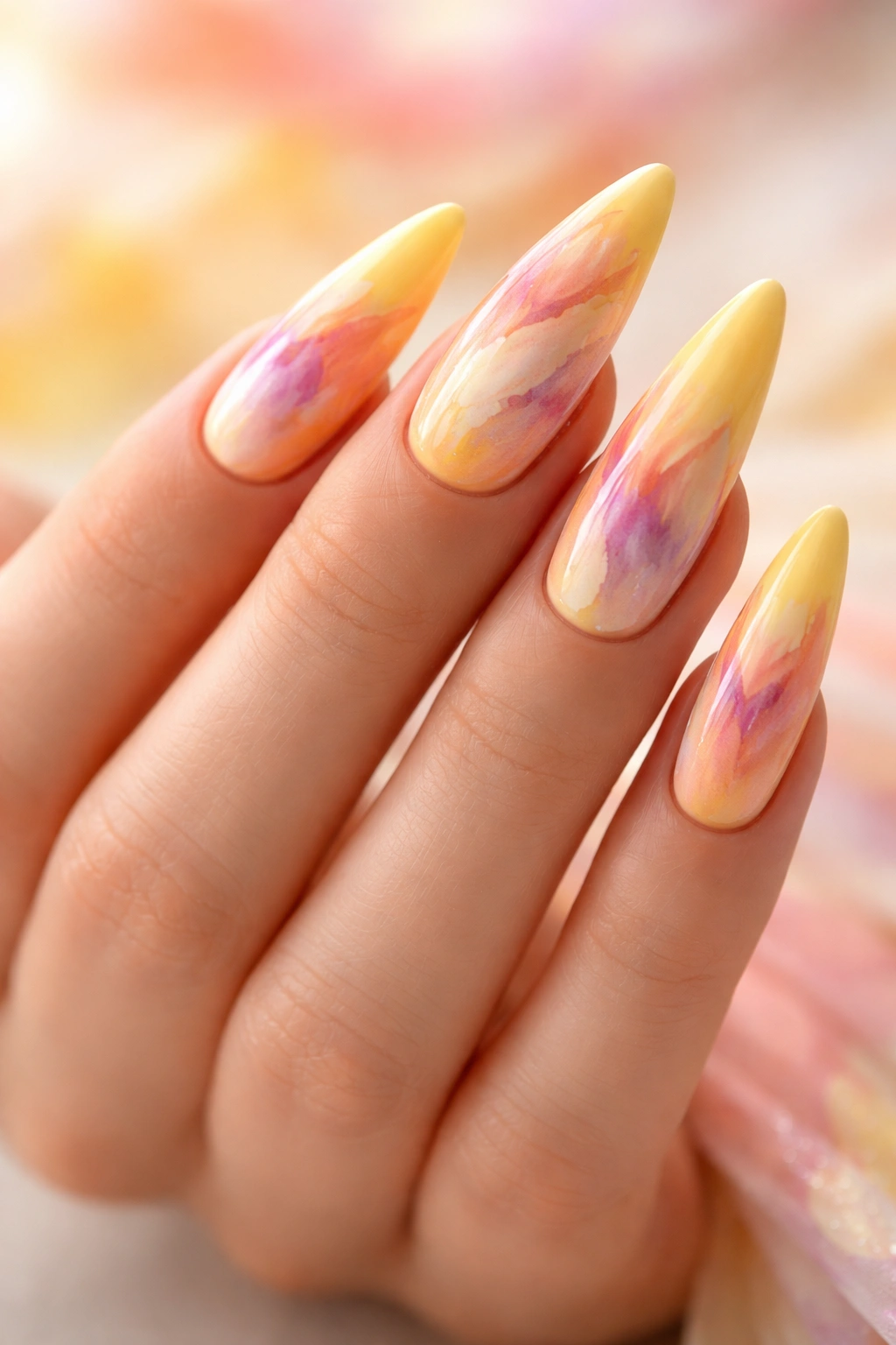 Yellow stiletto nails with abstract watercolor brushstrokes on a hand