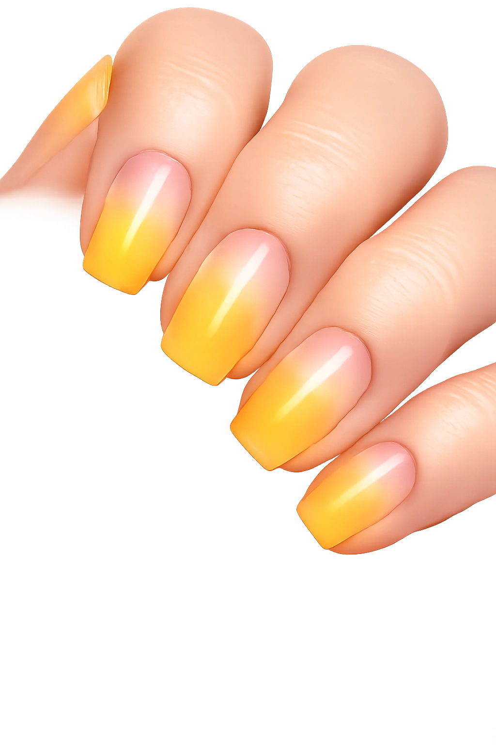 Close-up of short squoval nails with sunny yellow ombré fading toward clear