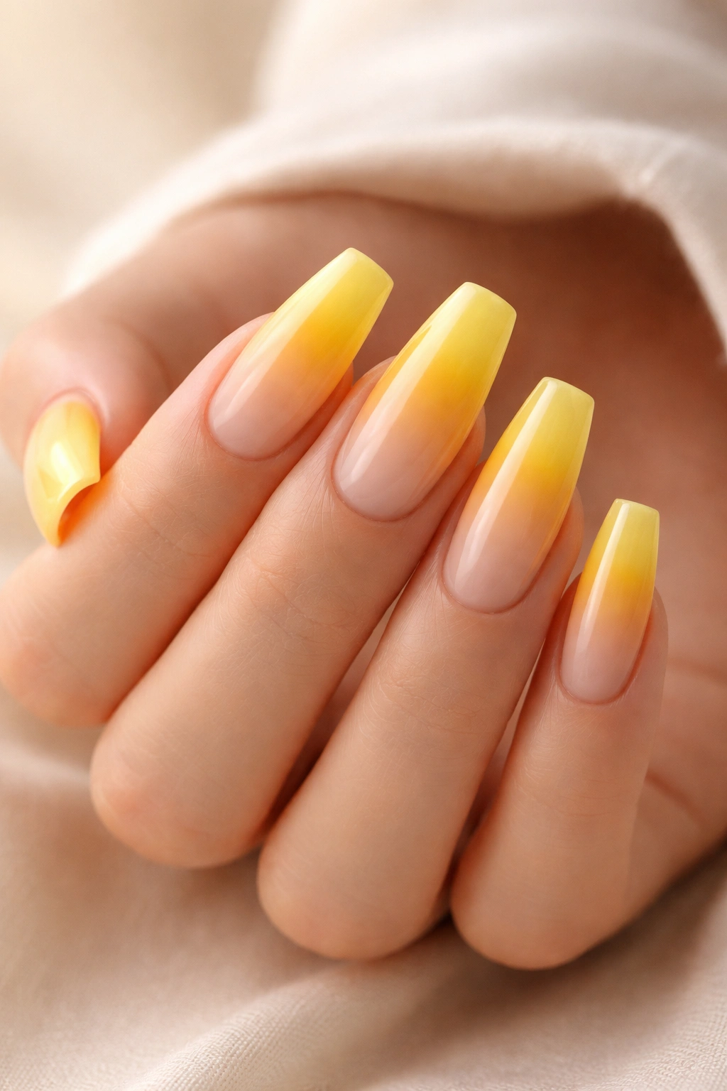 Close-up of hand with medium coffin nails yellow ombre gradient