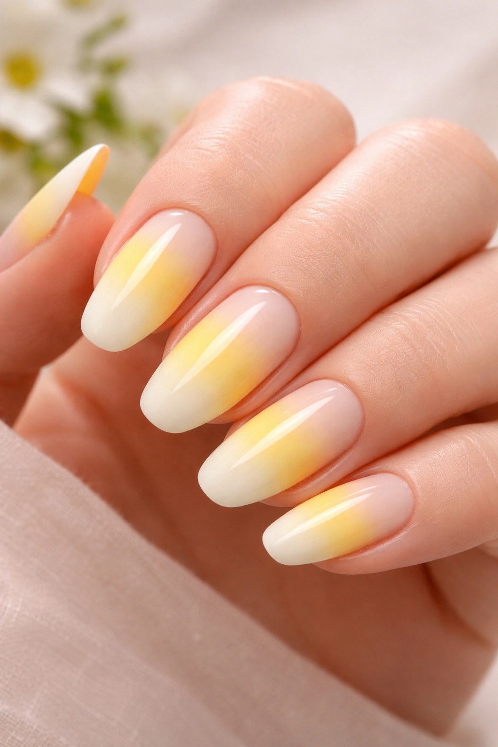 Close-up of yellow ombre nails fading to white