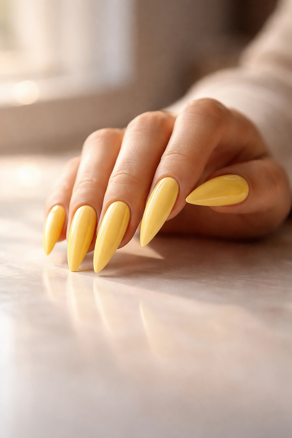 Close-up of a hand with glossy yellow stiletto nails in a contemplative pose