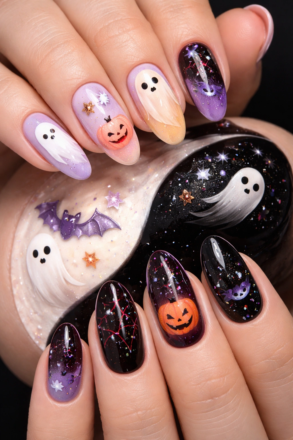 Yin yang inspired Halloween nails in pastel and dark styles