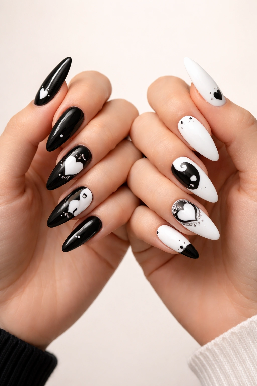 Close-up of two hands with black and white nail designs in a yin-yang pairing