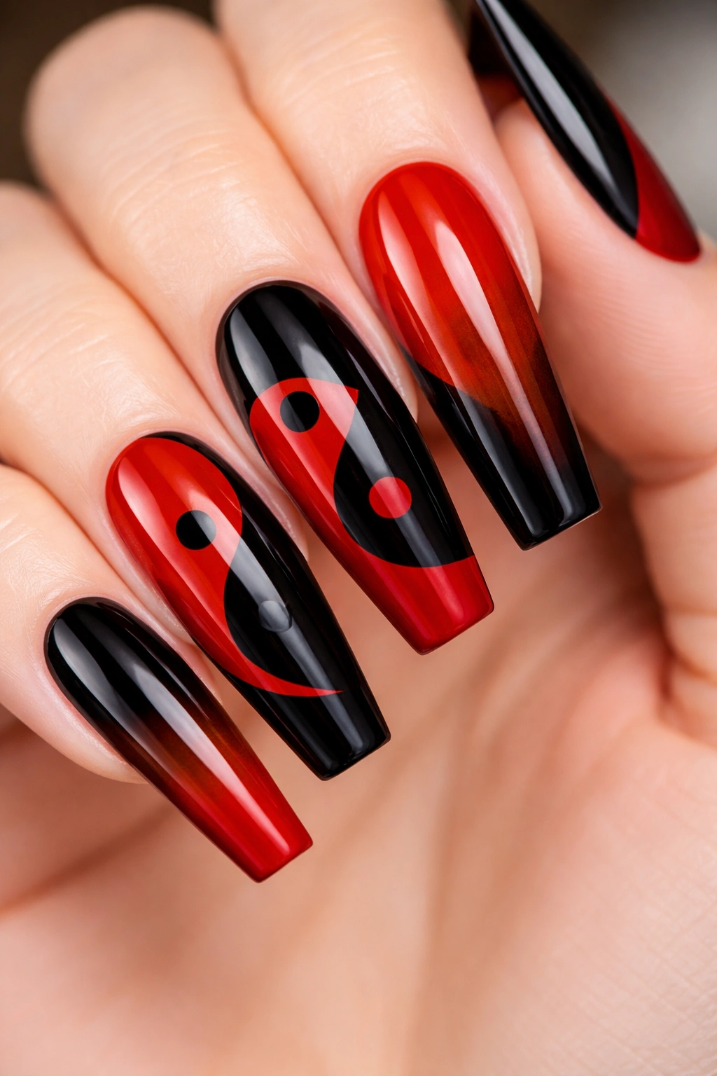 Coffin nails with yin-yang red and black design