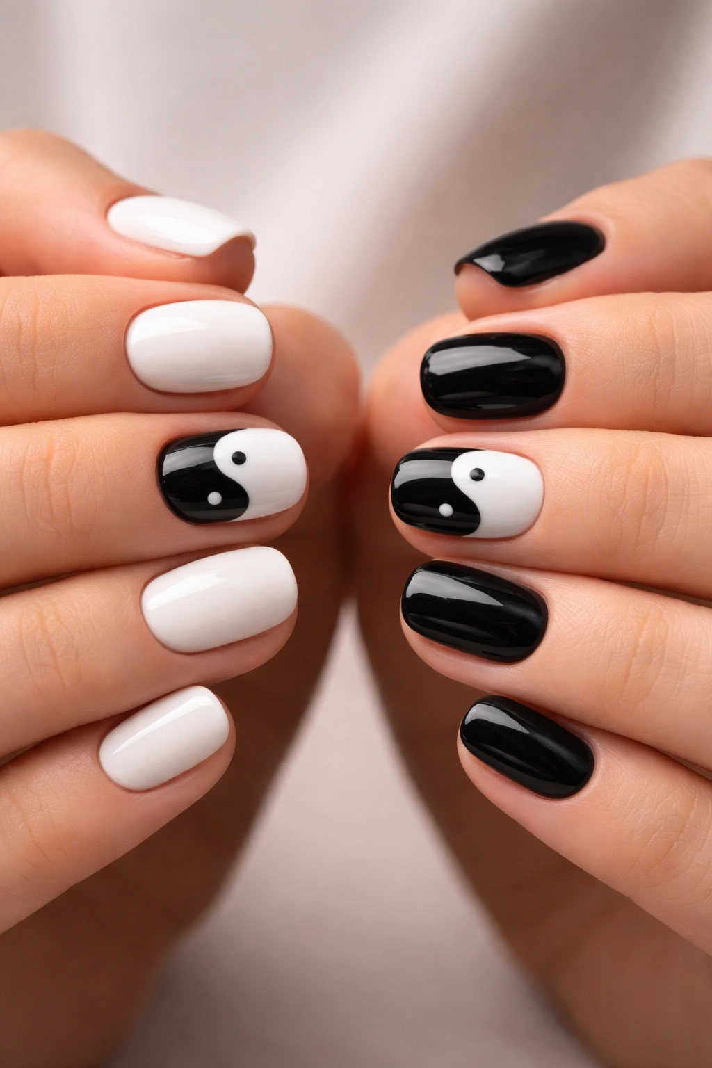 Close-up of two hands showing yin-yang nail art on short nails in white and black.