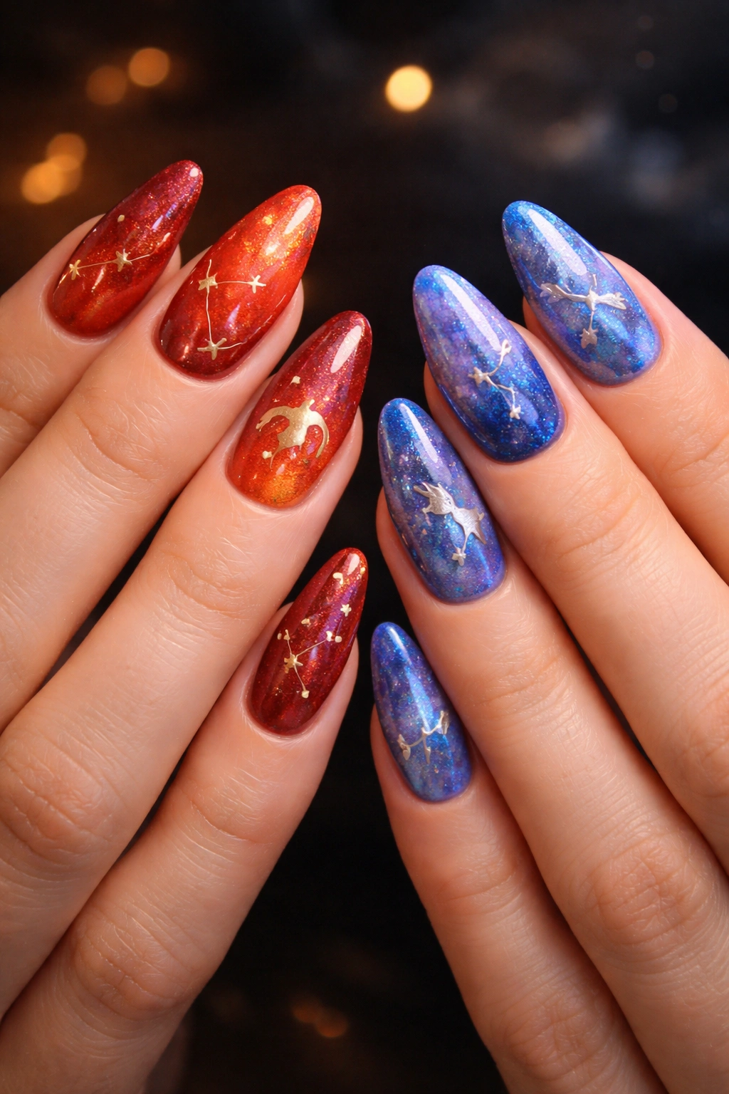 Nails with zodiac constellation designs coordinating between two hands