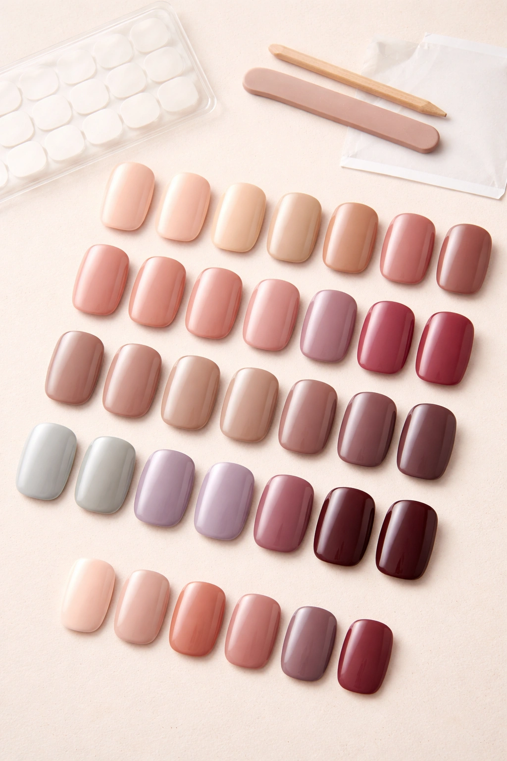 Group of Zoya short squoval press-on nails in refined shades with glossy finish