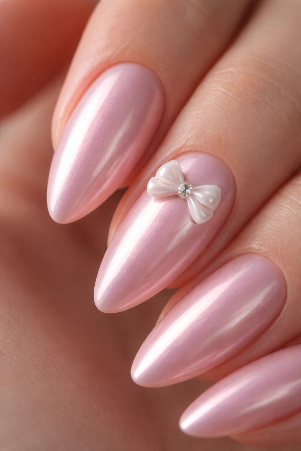 Almond nail with a small 3D bow accent on pink chrome
