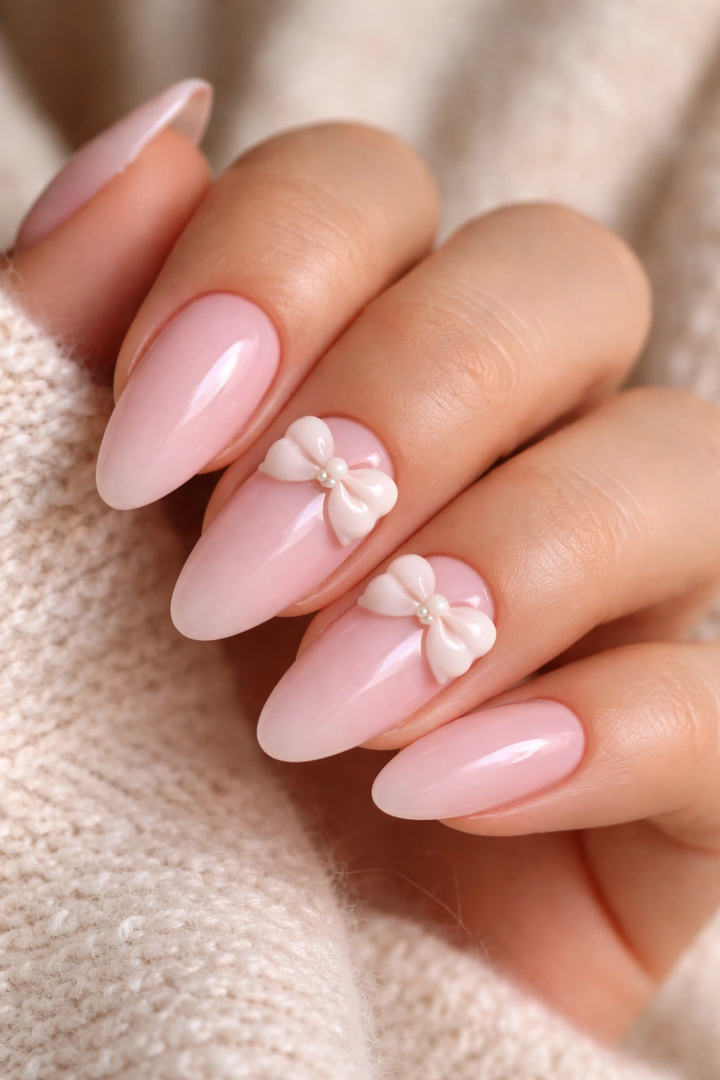 Almond nails with 3D bow accent on pink manicure