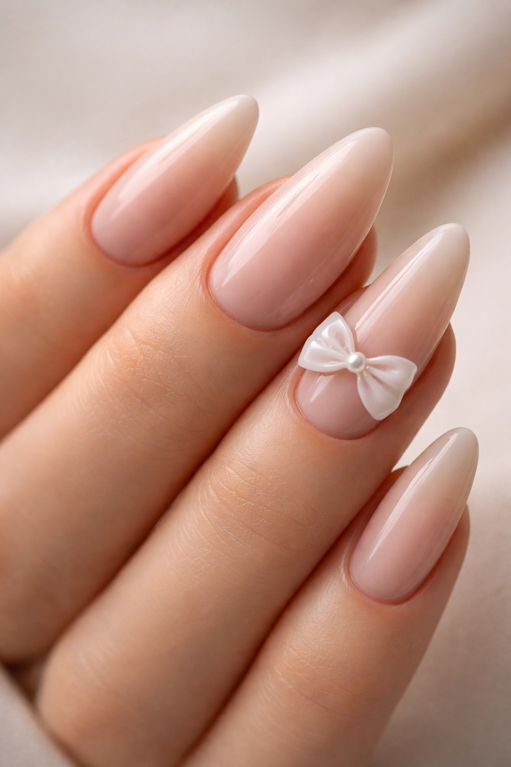 Almond nails with a single 3D bow accent on the ring finger