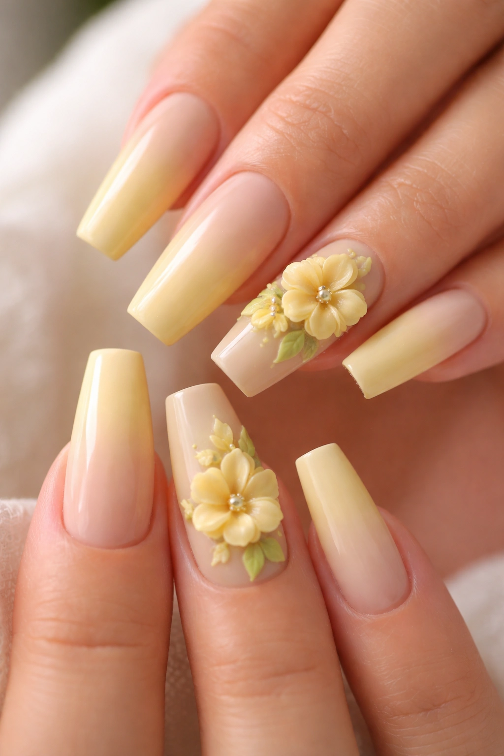 3D yellow floral coffin nails with off-center design
