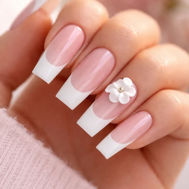 12 Light Pink French Tip Coffin Nails