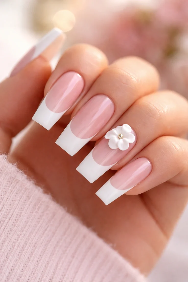 12 Light Pink French Tip Coffin Nails