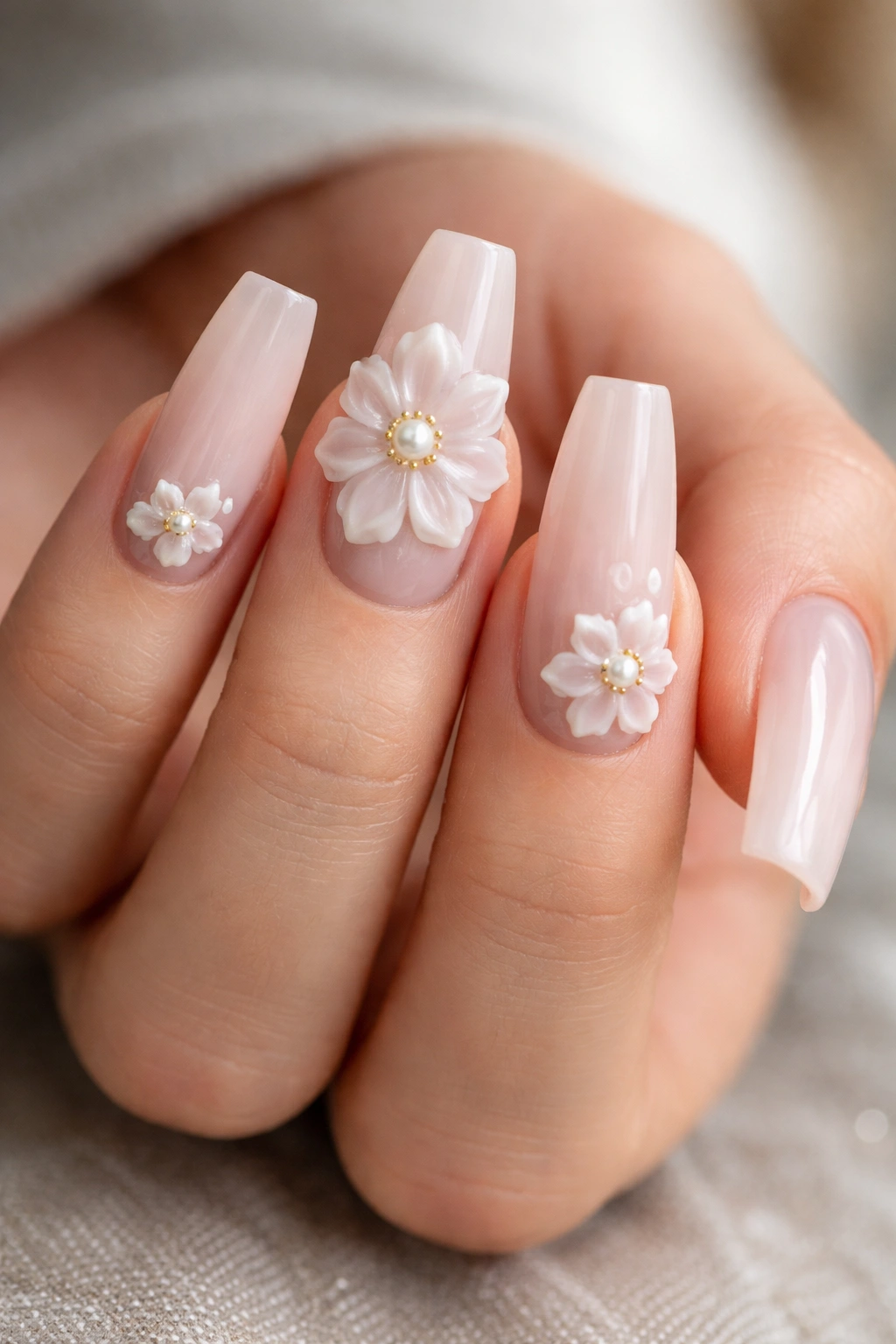 Hand displaying 3D flower coffin nails with varied bloom placement
