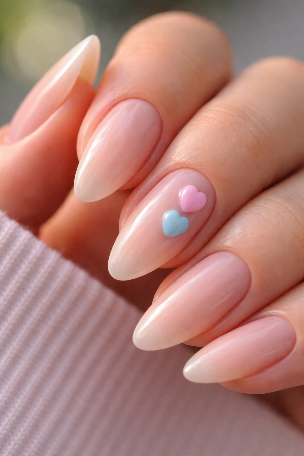 Close-up of almond nail with a small 3D gel heart near the cuticle