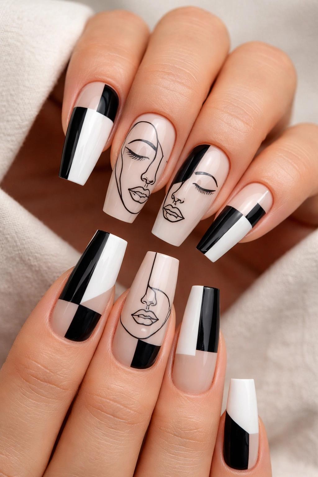 Nails with abstract line-art face and black white blocks on sheer base