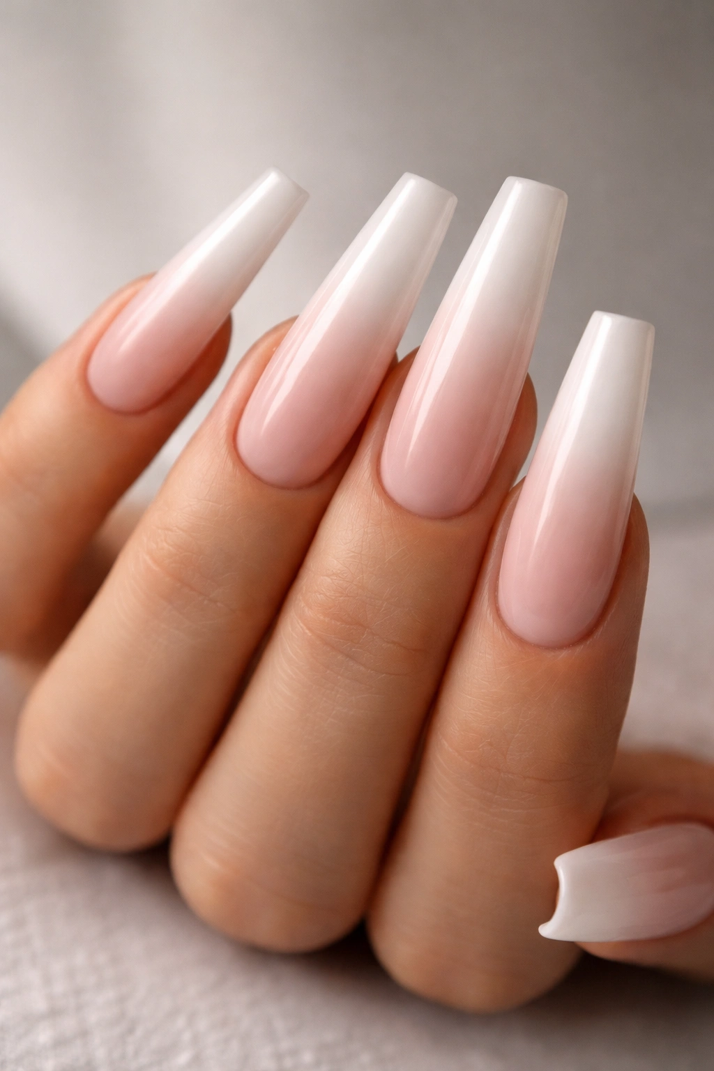 Close-up of extra-long coffin nails with airbrushed white fade on a hand, studio lighting
