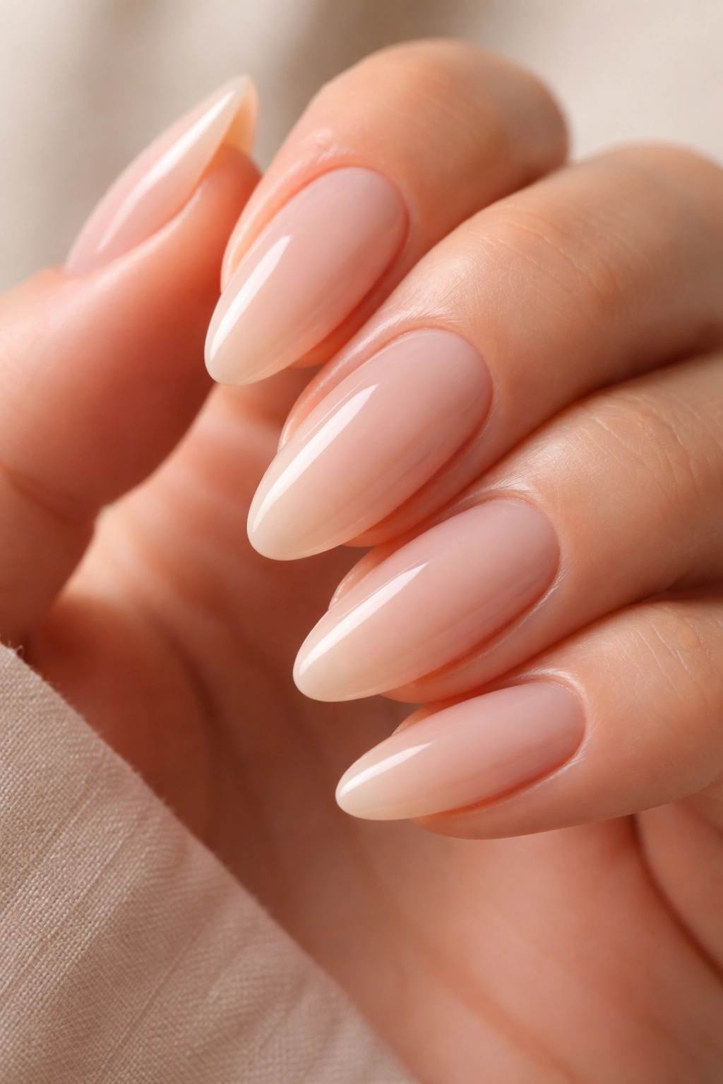 Close-up milky nude almond nails with builder gel on a neutral background