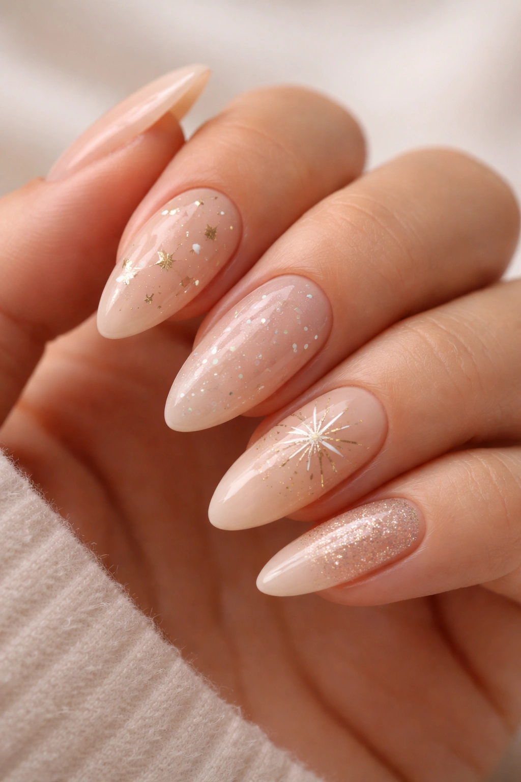 Close-up of mixed celestial almond nails with nude base showing moon, stars, dots, starburst, glitter