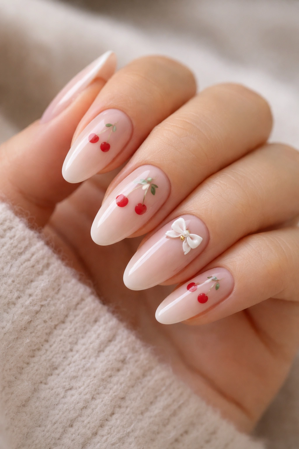 Almond nails with pale pink base featuring cherry prints and a tiny bow accent