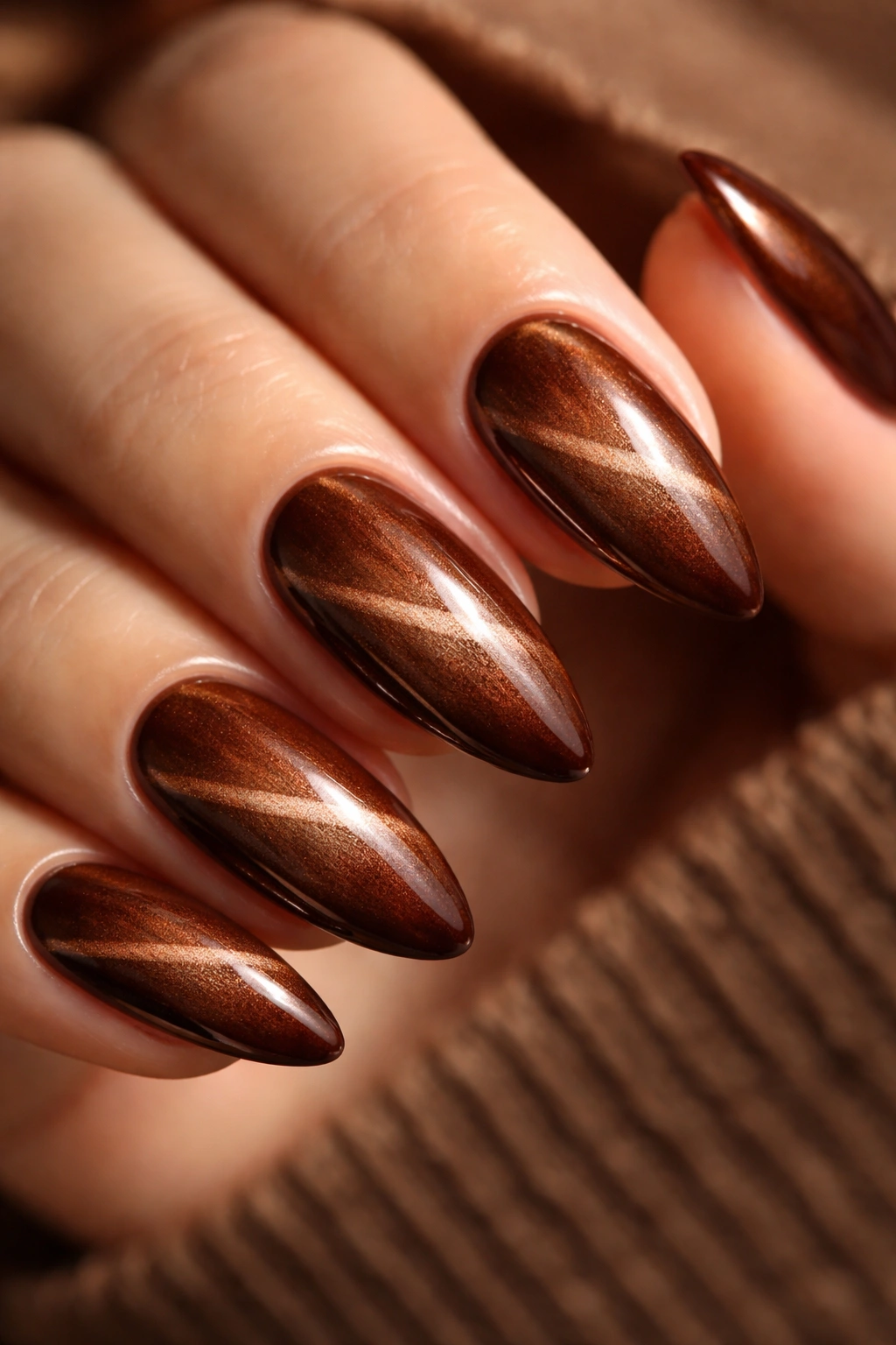 Chestnut cat-eye almond nails with a diagonal stripe