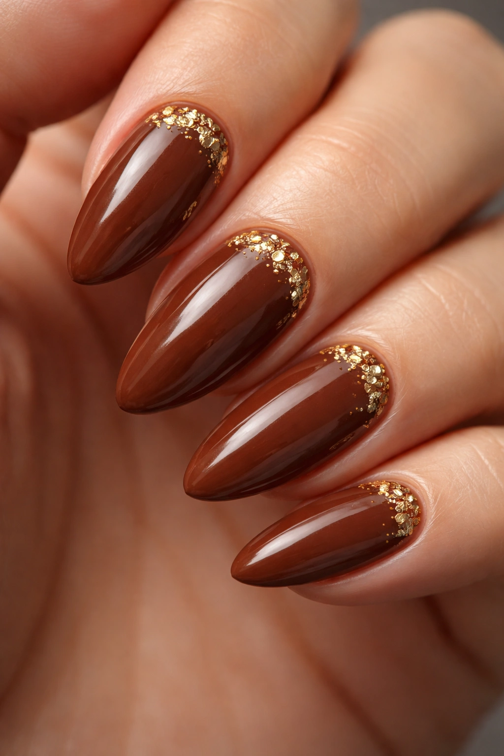 Chestnut almond nails with tiny gold foil shards near cuticle