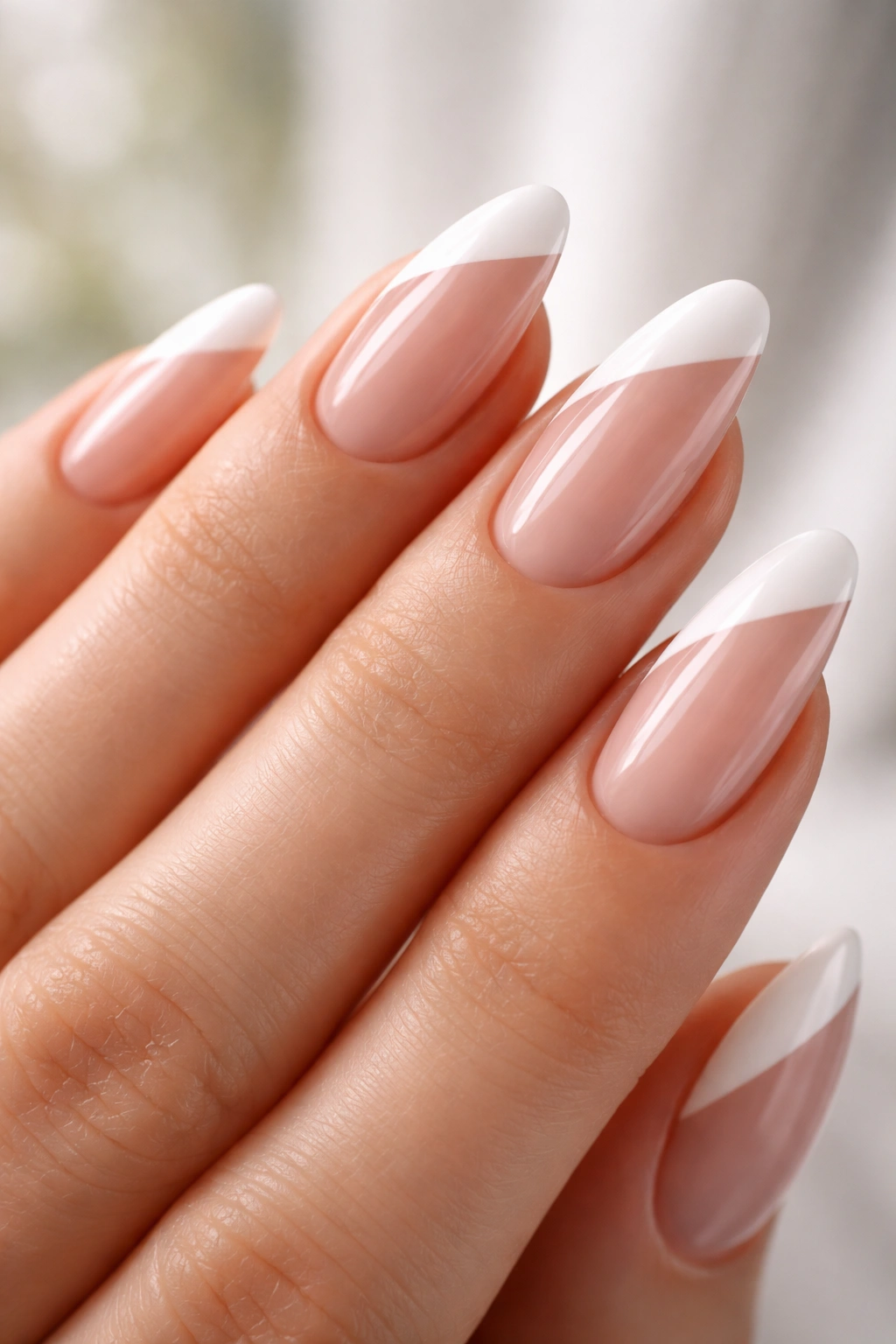Almond nails with diagonal French tips on pink base