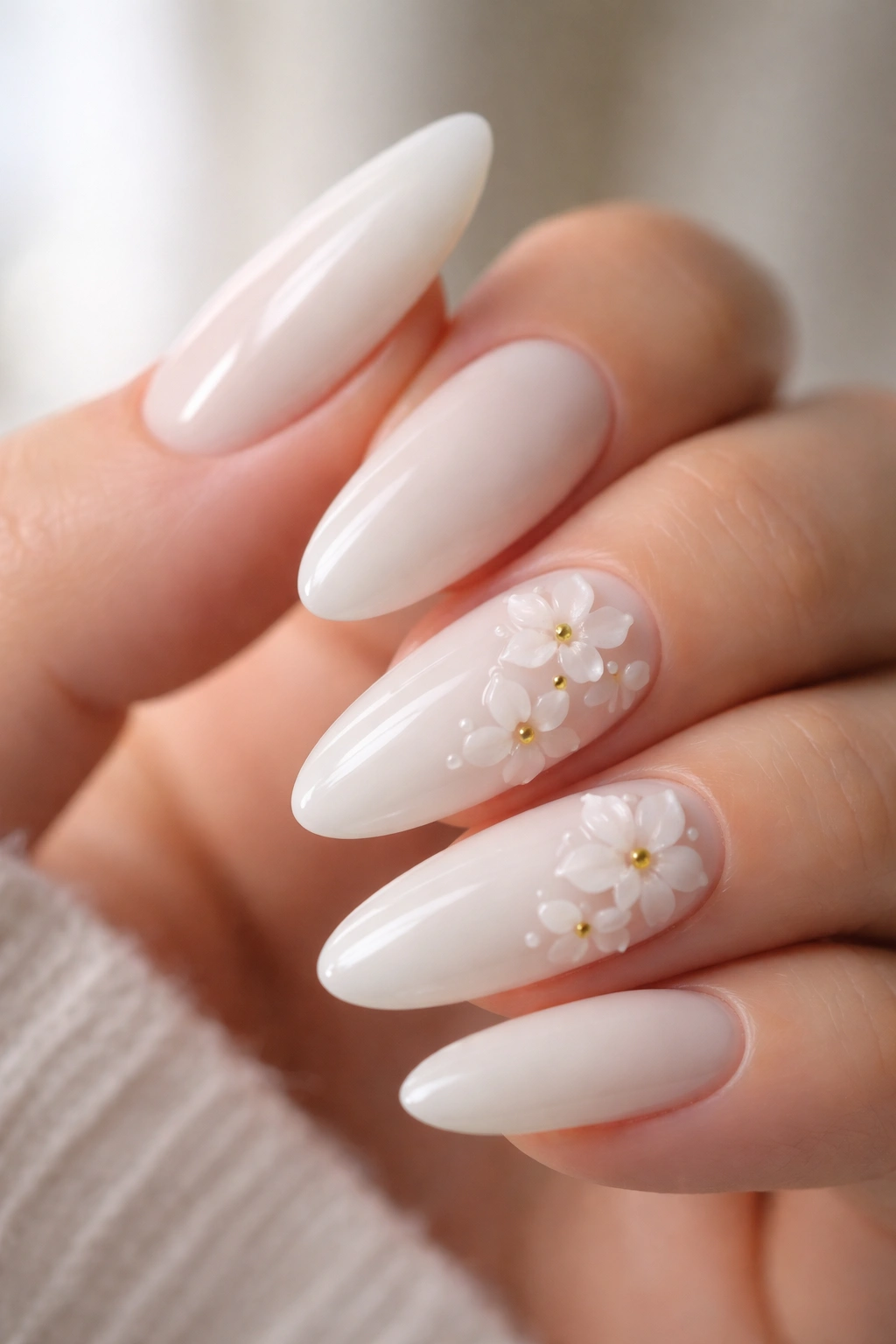 Close-up of almond nails with milky white base and raised floral petals