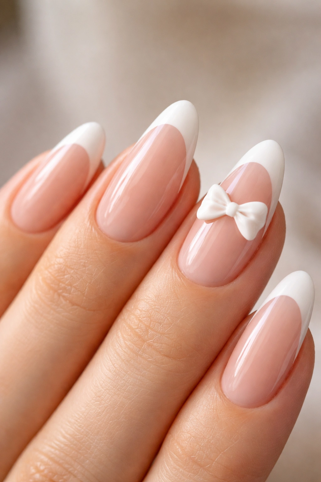 Close-up of almond nails with French tips and a sculpted bow