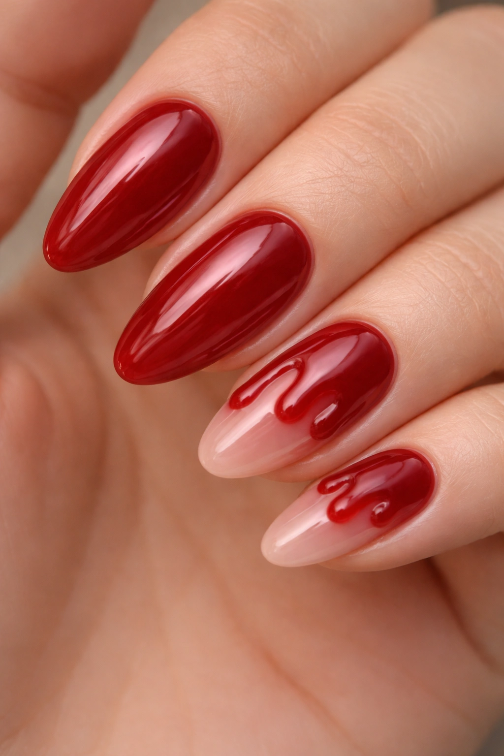Close-up of almond nails with cherry jelly base and shallow drip accents on two nails