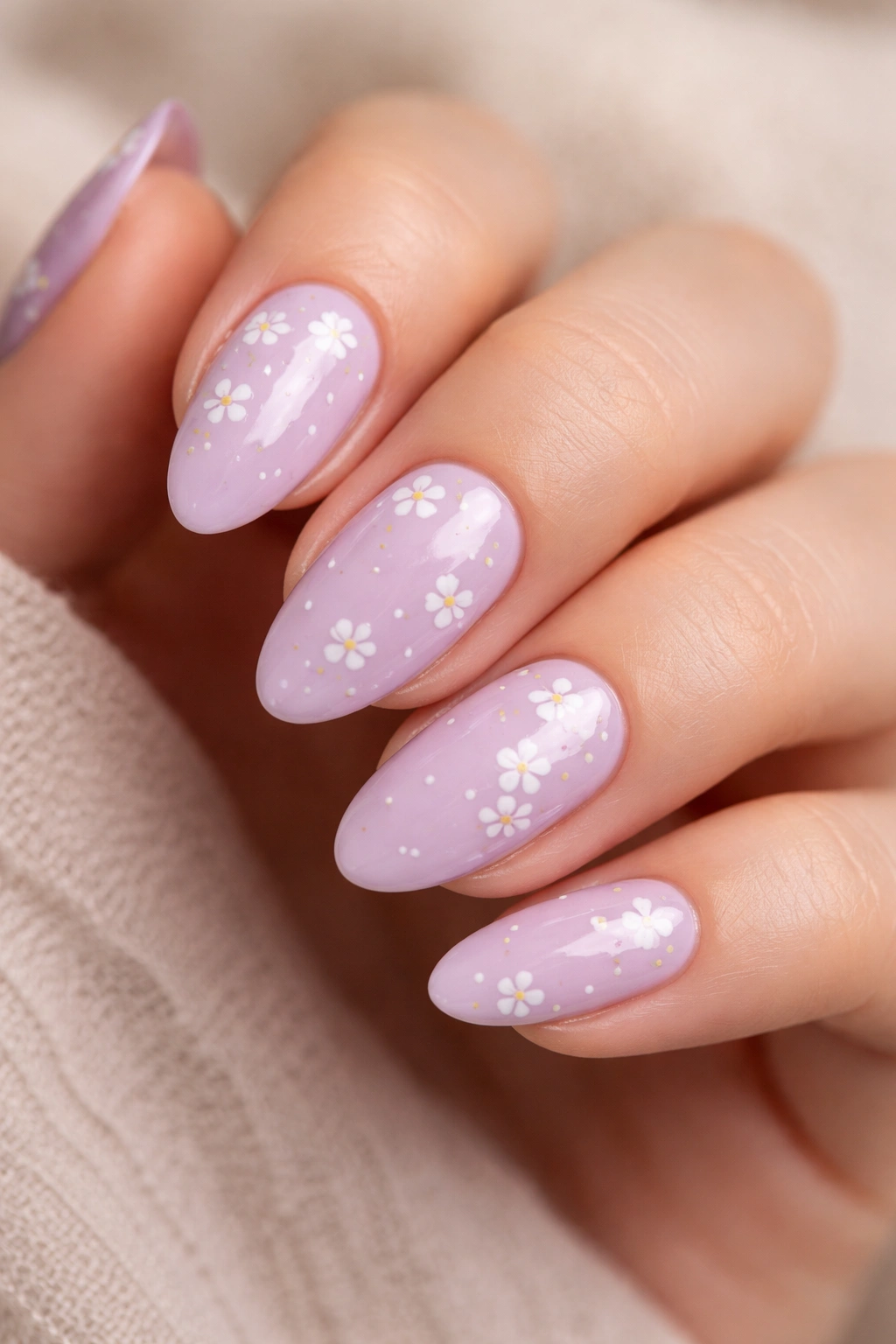 Almond nails with tiny white florals on lavender base
