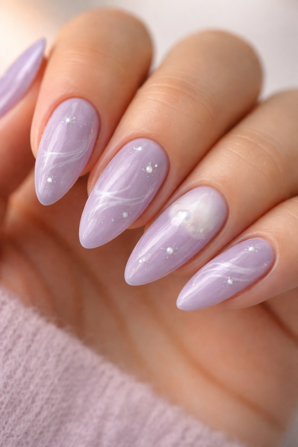 Close-up of dusty lilac almond nails with silver star trails and white stars