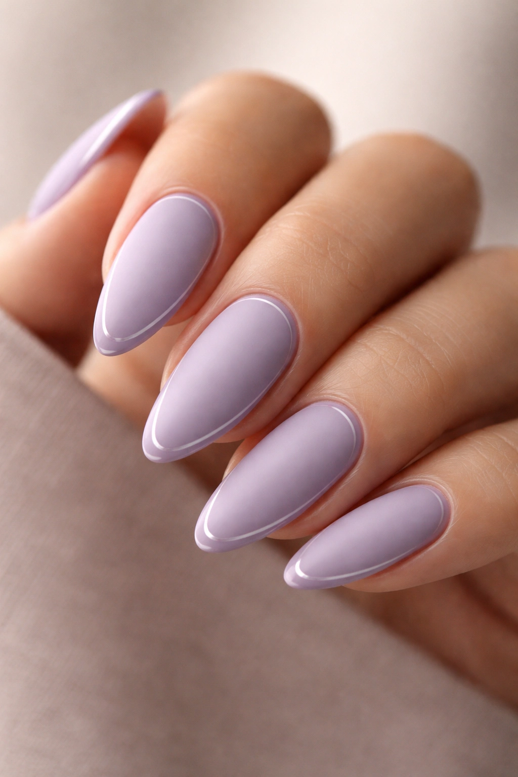 Almond nails matte lavender with glossy edge lines