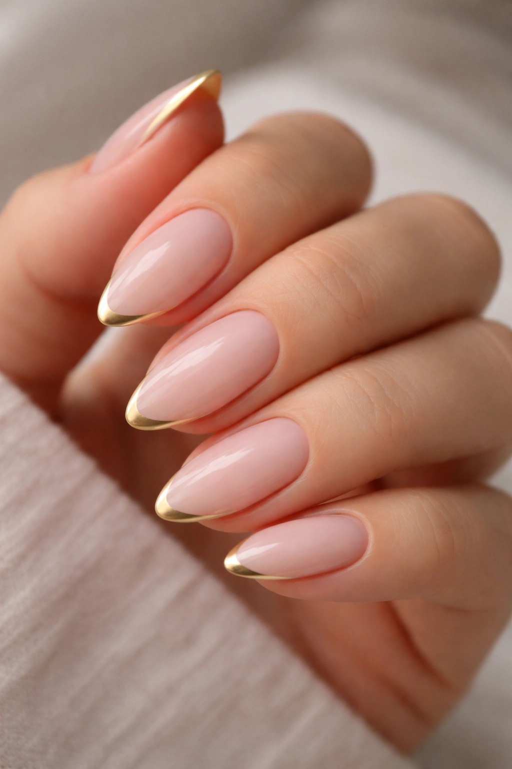 Close-up of milky pink almond nails with matte gold micro tips