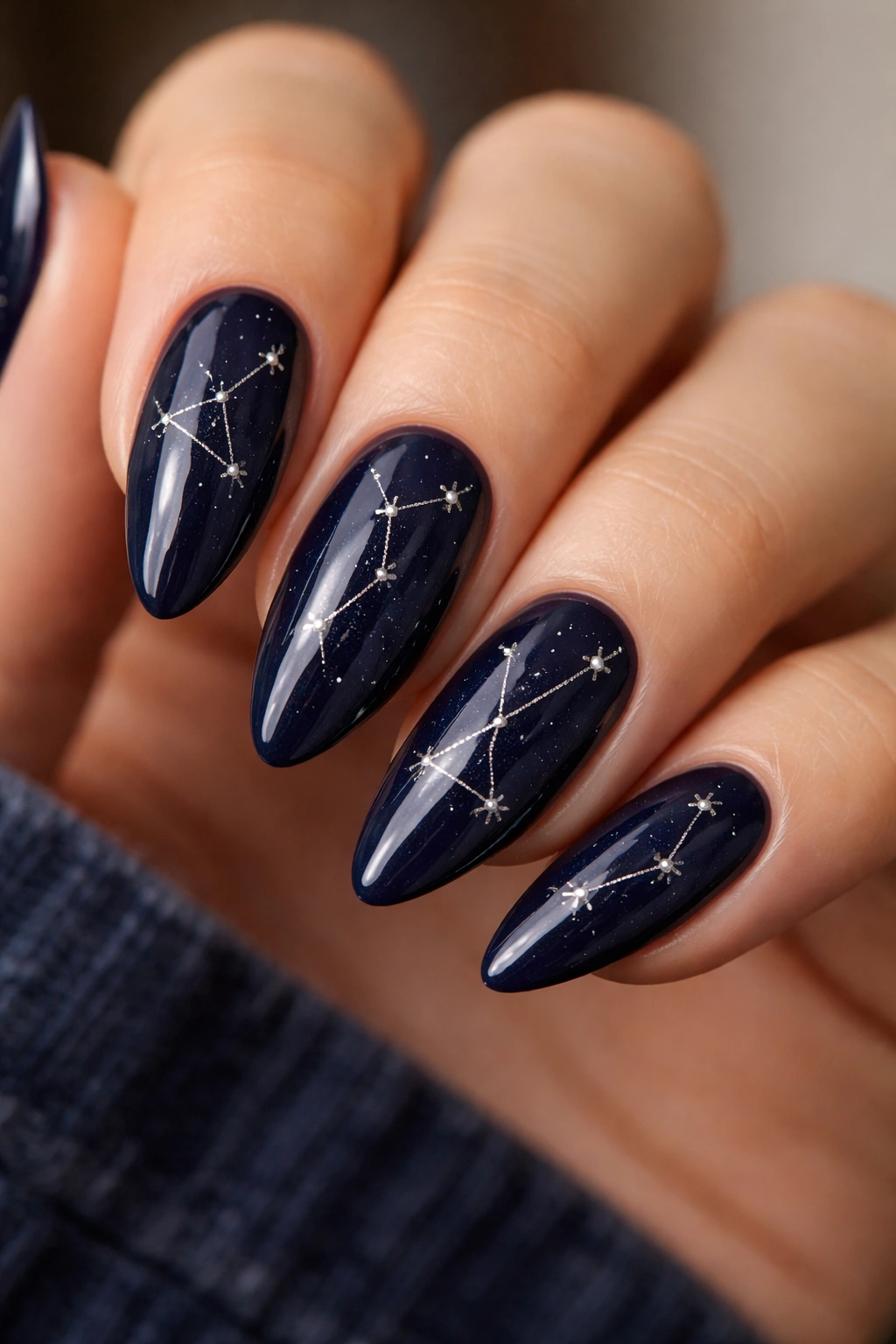 Navy almond nails with silver constellation lines