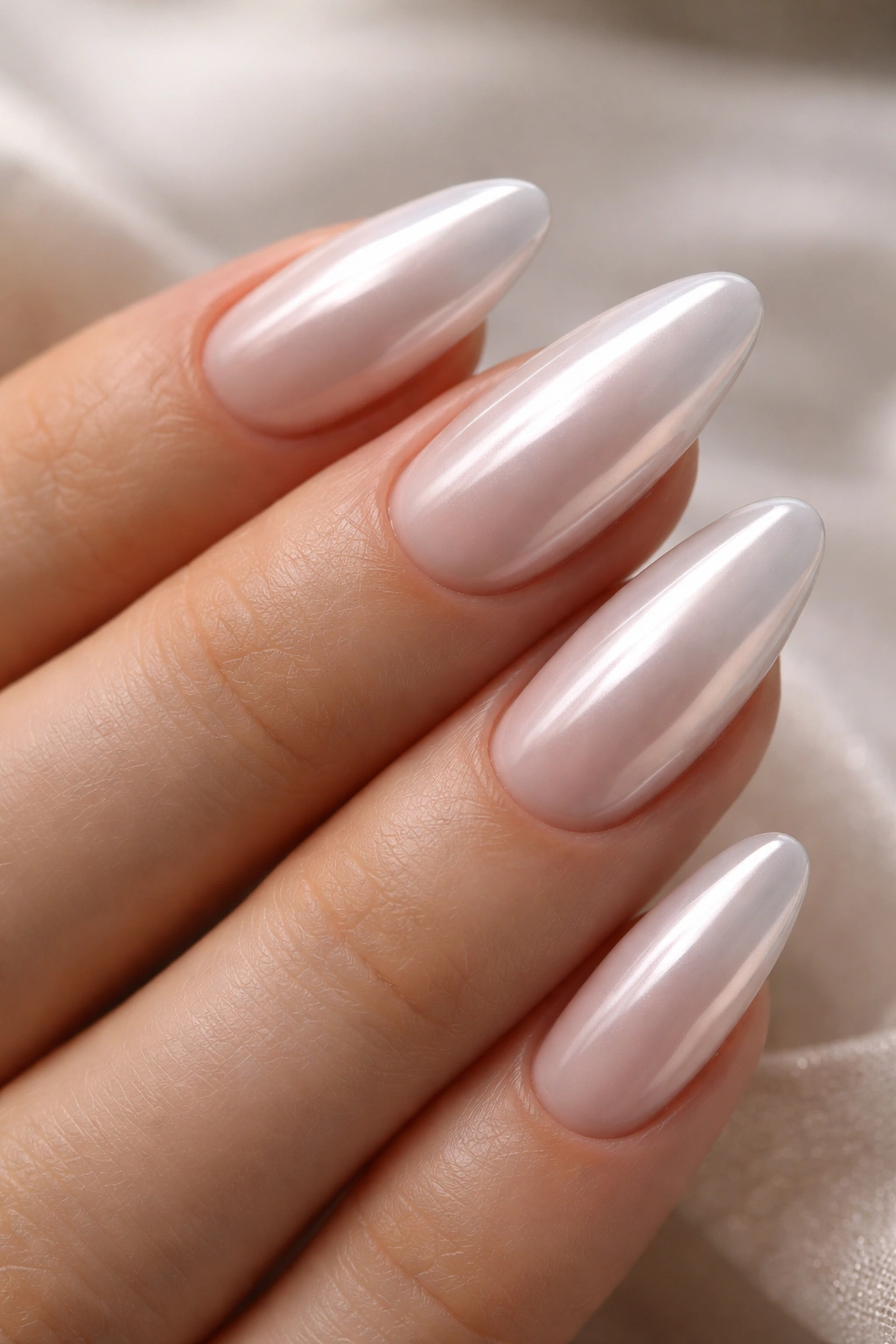 Almond nails with glazed pearl chrome finish on milky base