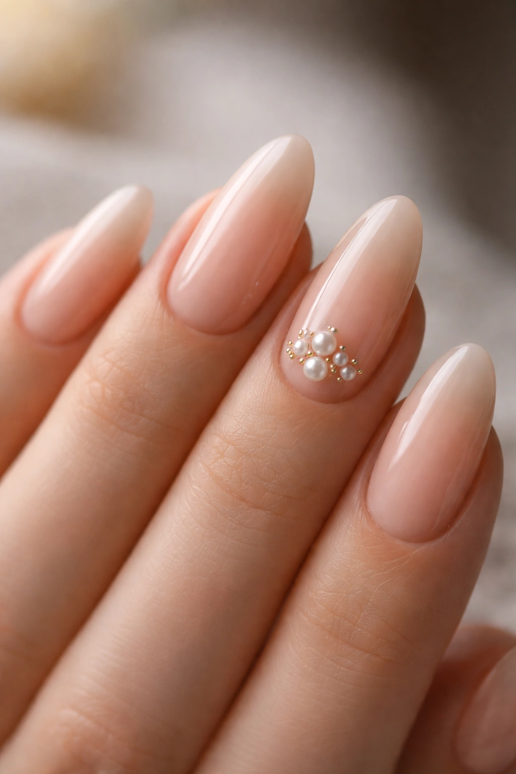 Close-up of almond nails with sheer nude base and tiny pearl clusters near the cuticle