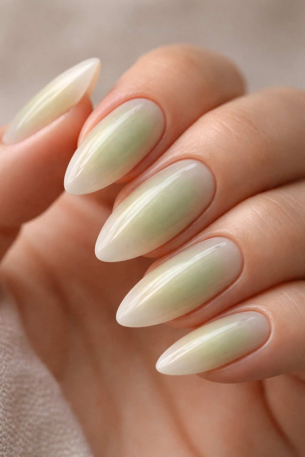 Almond nails with pistachio haze featuring muted green center fading to ivory border, glossy finish.