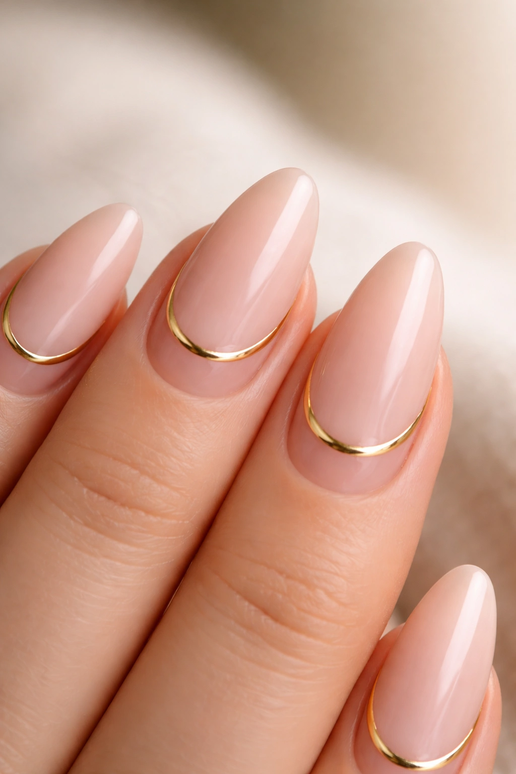 Close-up of reverse gold French near the cuticle on almond nails